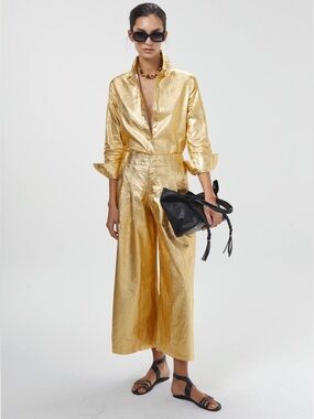 LANHTROPY CULOTTE Gold METALLIC LINEN PANTS